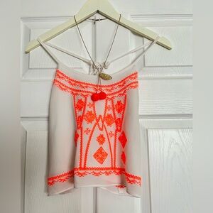 Tobi Women's White and Orange Embroidered Top small